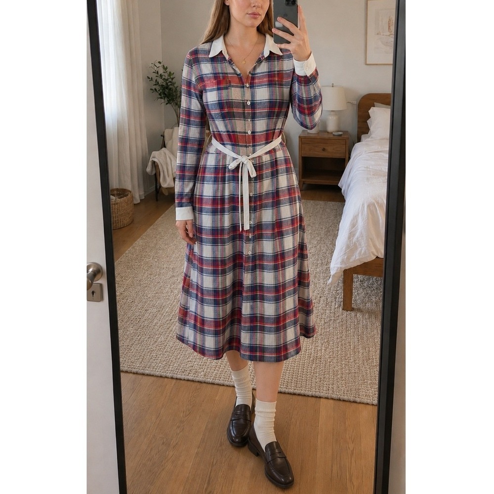 Vintage Womens Plaid Shirt Dress Large Long Sleeve Preppy Academia Retro School